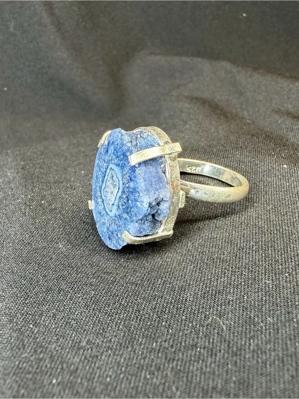 Sterling Silver Blue Solar Quartz Druzy Statement Ring Boho Artisan Size 7